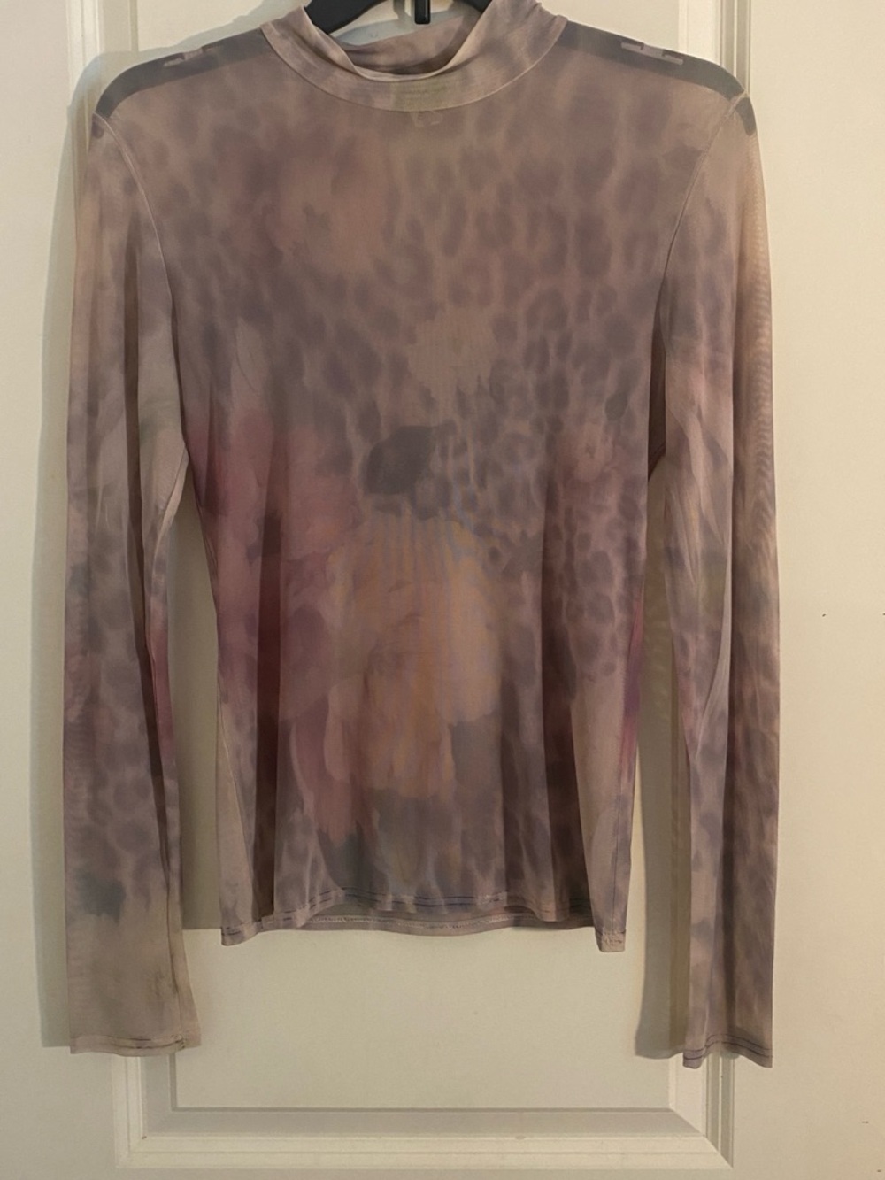 Sheer Long-Sleeve Mock Neck Top in Mauve Tie-Dye